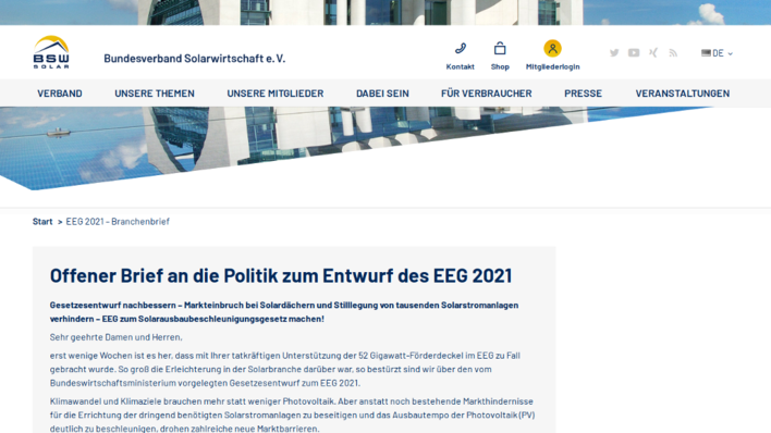 Webseite zur Unterzeichnung des offenen Briefes an die Politiker.