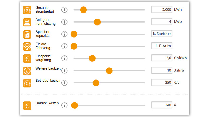 In den neuen Rechner kann der Anlagenbetreiber sämtliche relevanten Daten der Anlage und seines Stromverbrauchs eingeben. Hier soll eine Anlage mit vier Kilowatt Leistung auf Eigenverbrauch umgestellt werden.