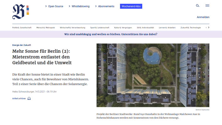 Der zweite Teil der Ratgeberserie in der Berliner Zeitung stellt Modelle zum Mieterstrom vor.