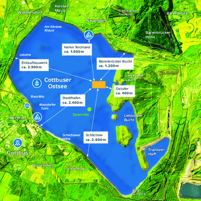 So soll die schwimmende Solaranlage auf dem Cottbuser Ostsee installiert werden.