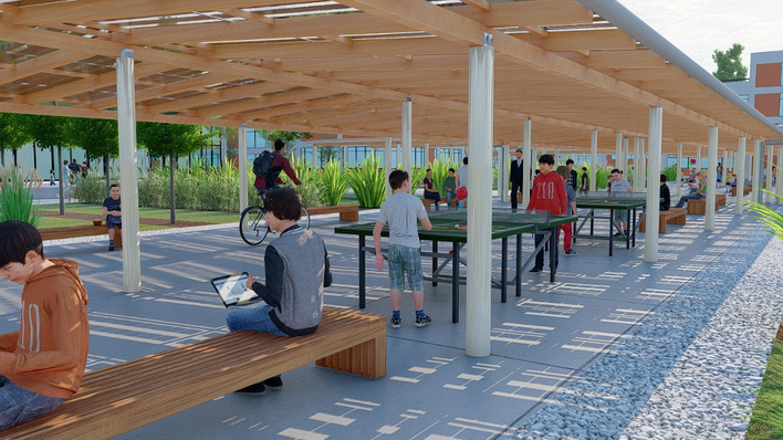 Die solare Überdachung des Schulhofs schafft attraktive Flächen und erlaubt neue Nutzung.