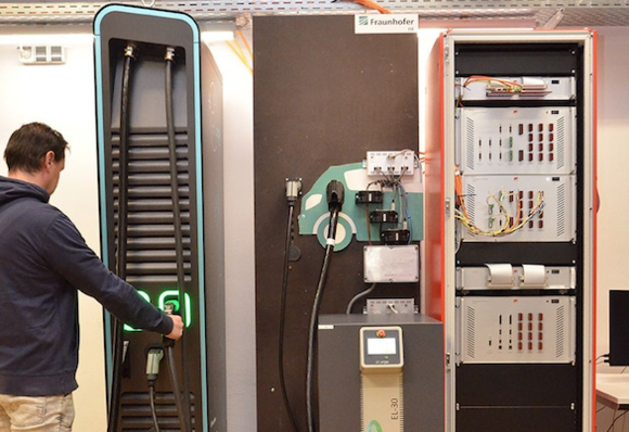 Teststand für das Prüfen von Ladeinfrastruktur im Digital Grid Lab des Fraunhofer ISE.