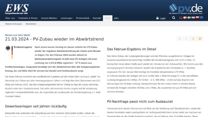  Der aktuelle Marktreport des Solargroßhändlers EWS analysiert die Zubautrends.