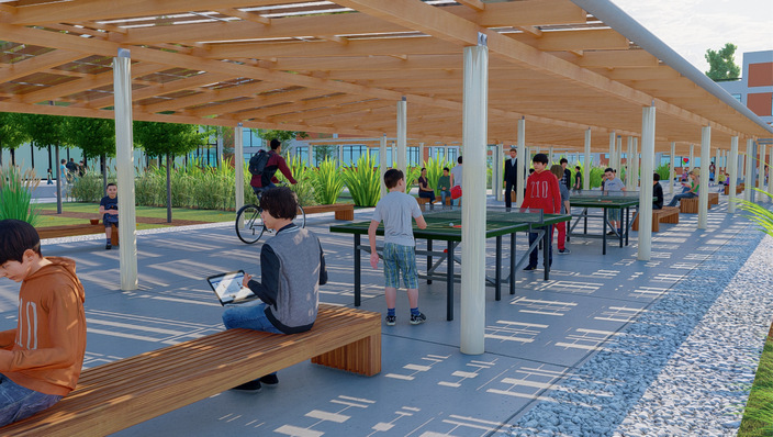 Solare Überdachung eines öffentlichen Platzes zum Schutz gegen die sommerliche Hitze.