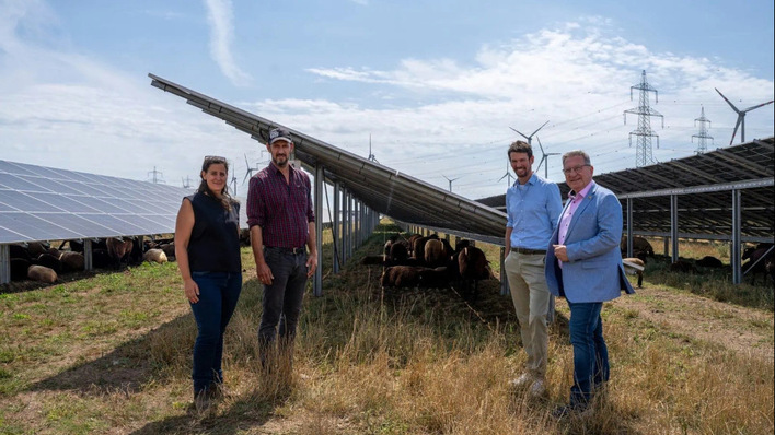 Die Schafe von Georg und Julia Prantl werden die Beweidung der Fläche übernehmen – hier zusammen mit Lukas Püspök und Bürgermeister Gerhard Zapfl.