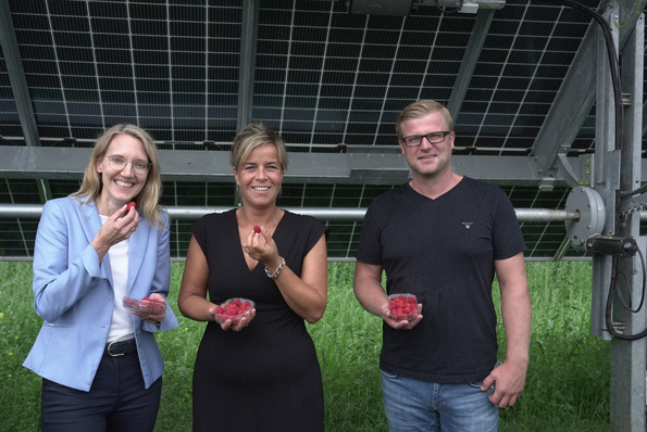 Katja Wünschel, CEO RWE Renewables Europe, Mona Neubauer, Ministerin für Wirtschaft, in NRW sowie Landwirt Franz Winters.