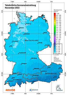 Solarer Einstrahlungsatlas für die DACH-Region im November 2023.