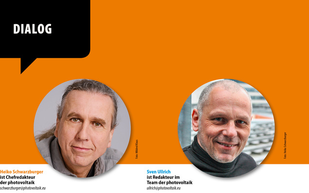 Zwei Portraits mit Text: Heiko Schwarzburger und Sven Ullrich zum Thema Photovoltaik. Orangefarbener Hintergrund.