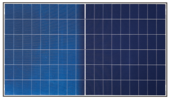 Zwei nebeneinanderliegende Solarmodule in unterschiedlichen Blautönen, jedes mit einem Gittermuster versehen und durch eine dünne Linie getrennt. - © Winaico
