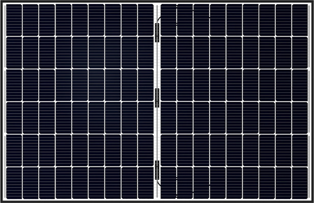 Ein blaues Solarpanel mit einem Raster aus schwarzen Quadraten und dünnen weißen Linien. - © Luxor Solar