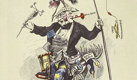Karikatur um 1840 von Andreas Geiger: "Der journalistische Eiertanz": ein Schreiberling mit seinen Utensilien und einer Umhängetasche, aus der zwei Enten herausschauen, die als “Journal-Enten“ beschriftet sind.