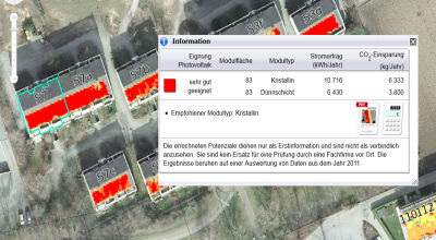 Jedes Gebäudedach ist auf seine Eignung zur Nutzung der Solarenergie hin abgebildet.