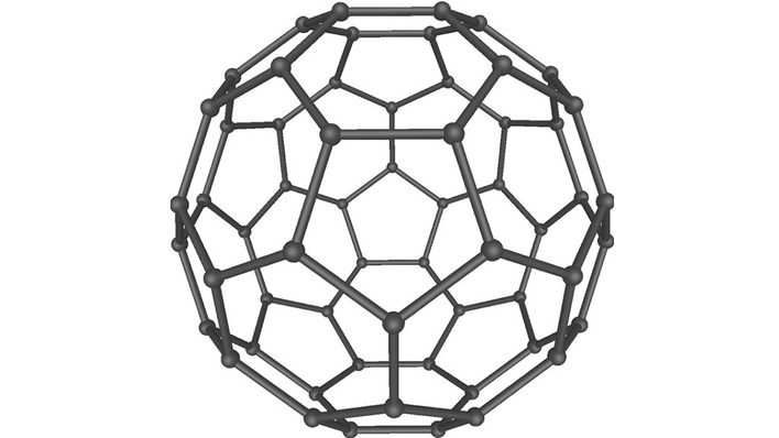 Zwölf Fünfecke angeordnet als Kugeln, in jeder Ecke sitzt ein Kohlenstoffatom, so sieht ein C60-Fulleren aus.