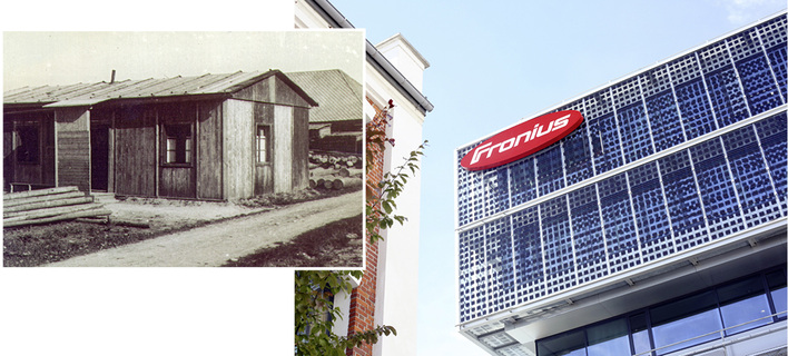 
In dieser Hütte in Rankleiten hat Günter Fronius mit der Entwicklung eines Ladegeräts angefangen. Daraus ist ein Unternehmen mit mehr als 3.700 Mitarbeitern geworden. Rechts: modernes Hauptgebäude in Wels.



