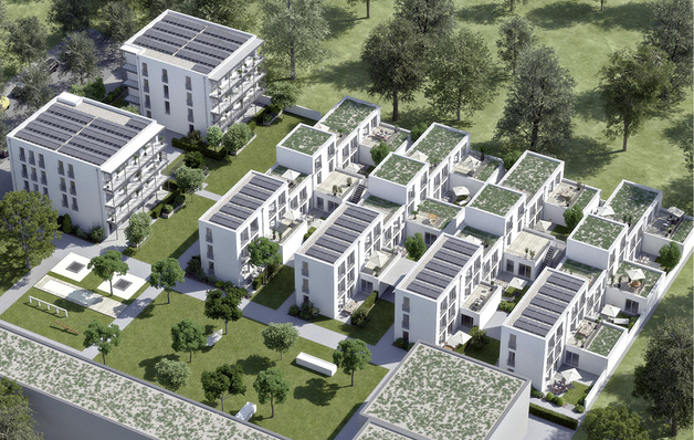 
Die Passivhäuser in München sind mit Solaranlagen versehen. Die Größe reicht für die energetisch effizienten Gebäude aus und es bleibt noch Dachfläche übrig.



