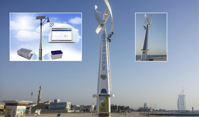 
Dieser Mast in Dubai nutzt ein Windrad und auf der Rückseite auch Photovoltaik zur Stromversorgung der Promenadenbeleuchtung am Strand.



