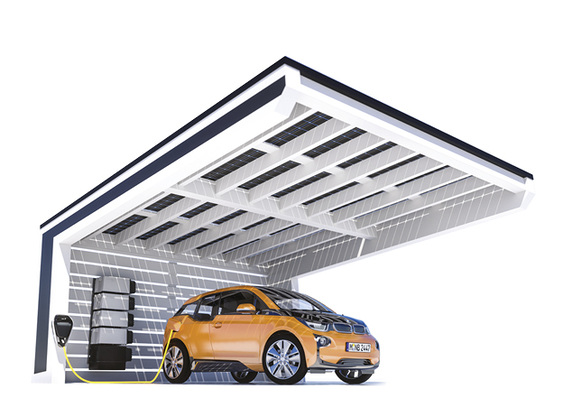 
Modernes Laden unter einem Solar-Carport mit Speicher.



