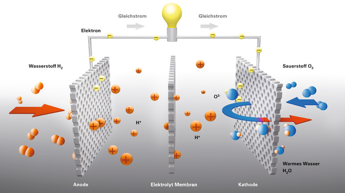 Prinzip der Brennstoffzelle: Sie setzt Wasserstoff in Wasser und elektrische Energie um.
